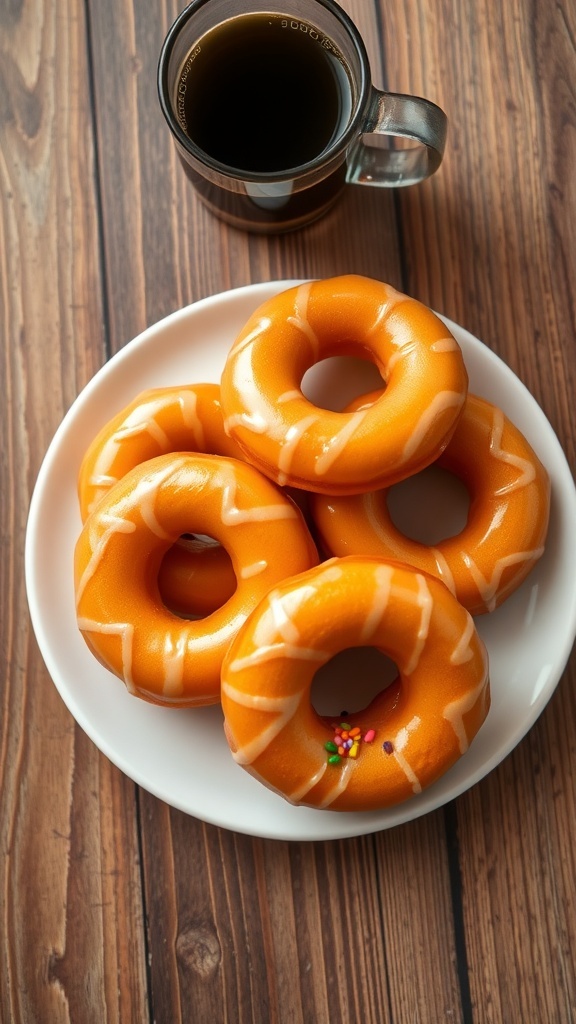 Classic Glazed Donut Rings Recipe A plate of golden glazed donut rings with sprinkles and a cup of coffee on a wooden table.